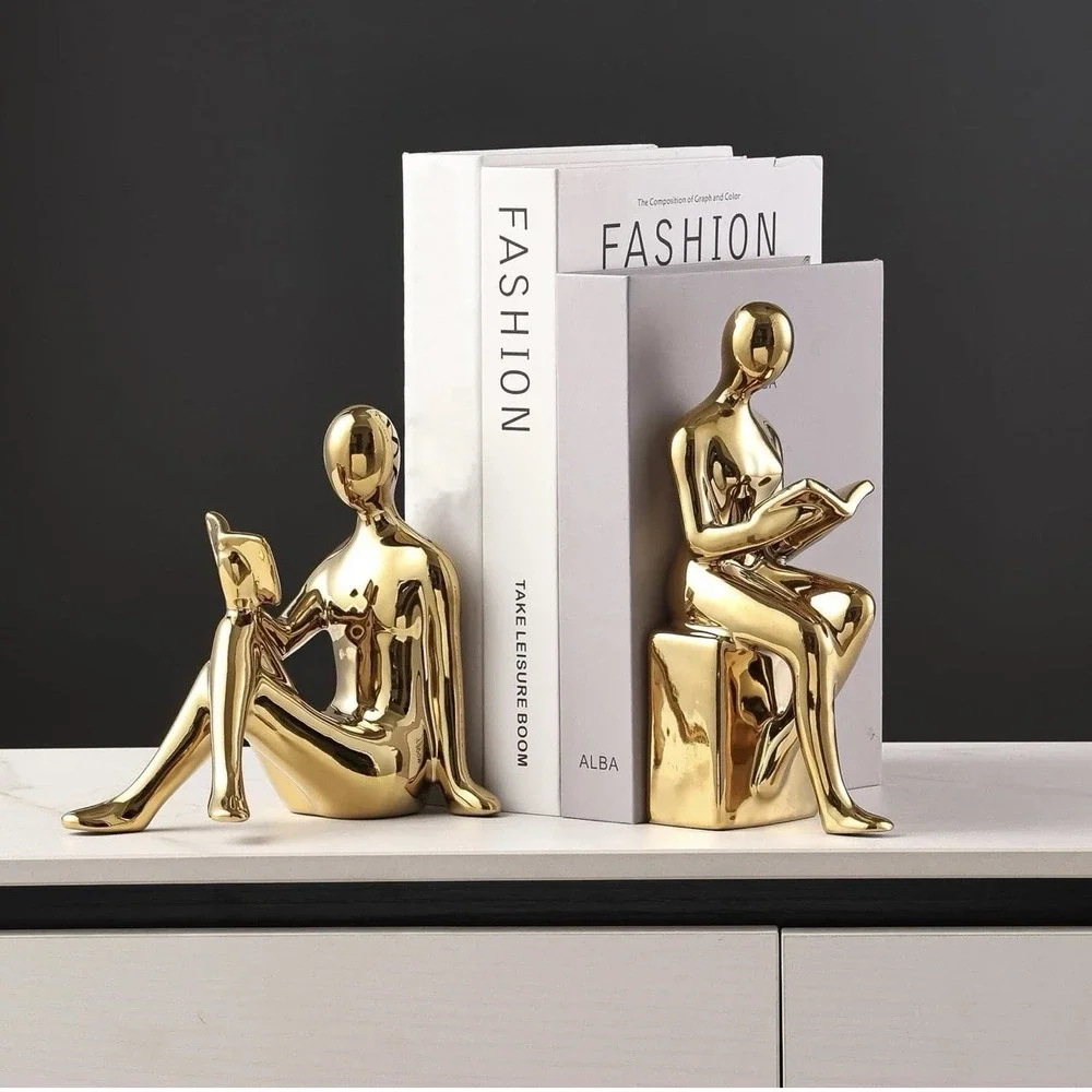 Ceramic Decorative Bookends, Book Ends for Shelves, Home Office Decor GOLD